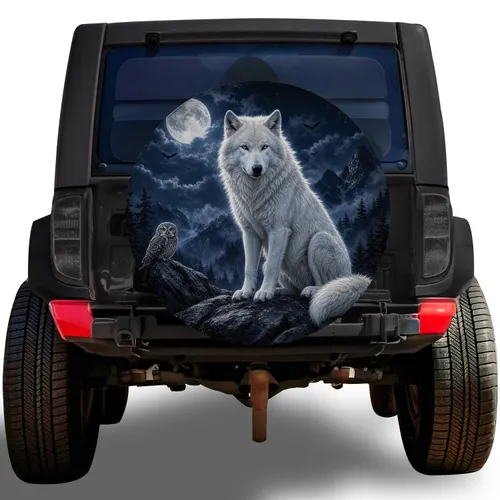 White Wolf And Owl Moonlit Wilderness Scene For Camping And Off Road Adventure Lovers Spare Tire Cover