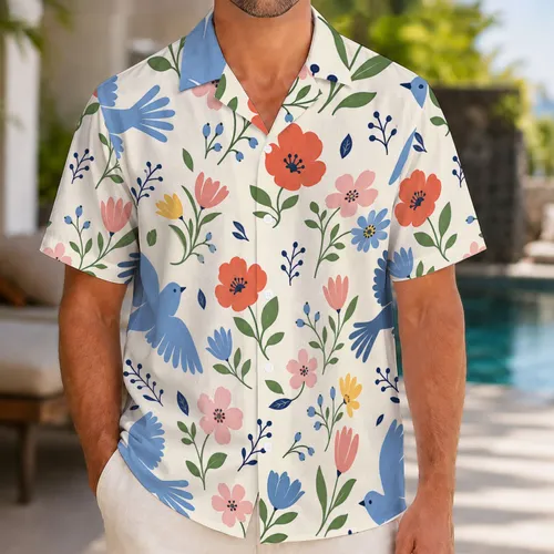 Coastal Songbirds And Folk Flowers For Sunny Vacation Outings And Resort Weekends Hawaiian Shirt