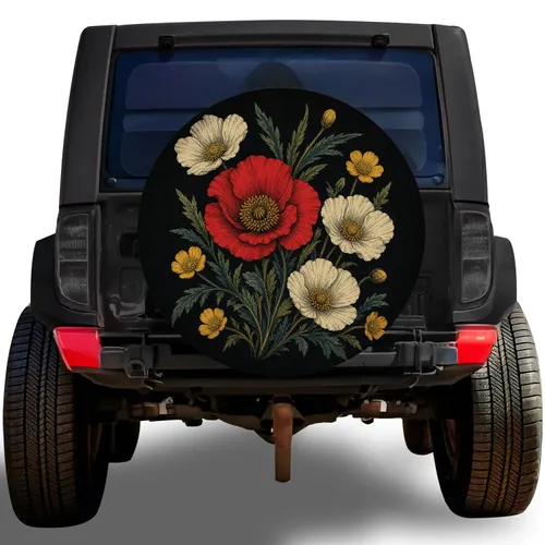 Vintage Scarlet Poppy And Wildflower Bouquet For Camping Road Trips And Nature Lovers Spare Tire Cover