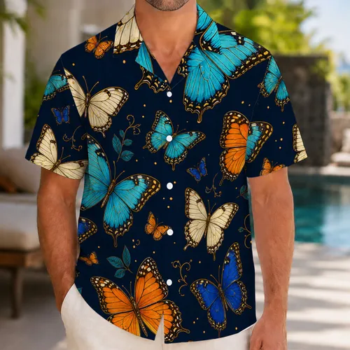 Midnight Navy Butterfly Garden Vacation Style for Tropical Getaways and Resort Wear Hawaiian Shirt