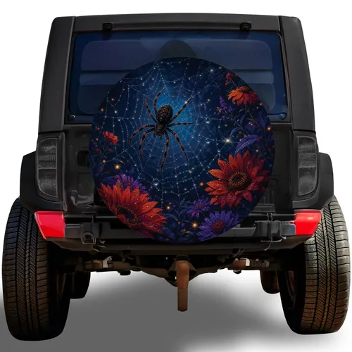 Midnight Garden Spider Web With Dewy Wildflowers for Gothic Off Road Adventure Lovers Spare Tire Cover