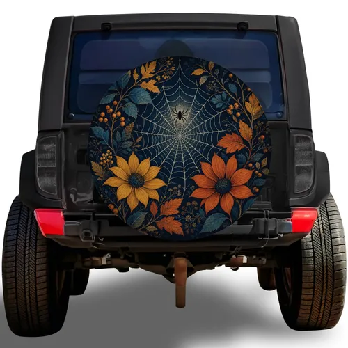 Midnight Spiderweb Autumn Flowers for Halloween Garden Lovers and Gothic Road Trips Spare Tire Cover