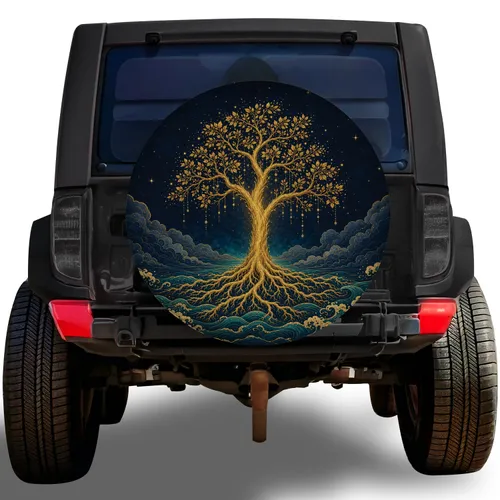 Golden Tree Of Life Moon And Ocean Waves For Night Road Trips And Nature Lovers Gifts Spare Tire Cover