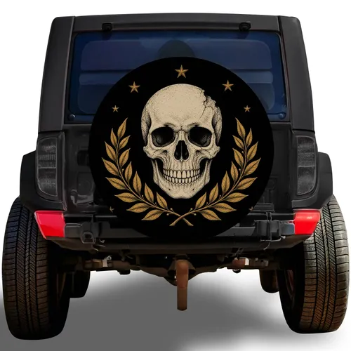 Gothic Skull With Golden Laurel Stars For Off Road SUV Adventure Lifestyle Enthusiasts Spare Tire Cover