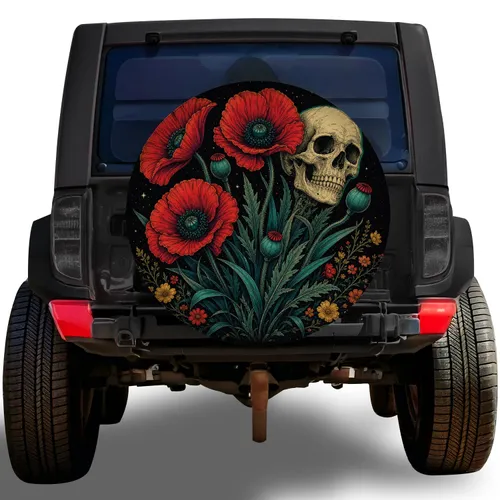 Neon Skull And Scarlet Poppies For Gothic Road Trips And Outdoor Adventure Lovers Spare Tire Cover