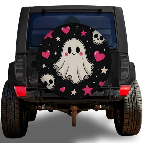 Cute Gothic Ghost With Pink Hearts And Skulls For Halloween Road Trips And Jeep Lovers Spare Tire Cover