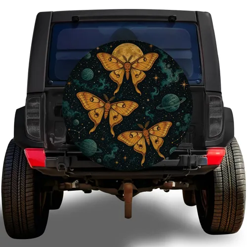 Golden Luna Moths Under Full Moon For Gothic Night Drives And Celestial Nature Lovers Spare Tire Cover