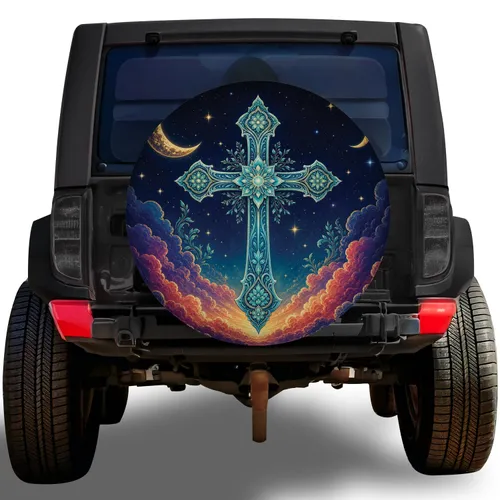 Turquoise Celestial Cross With Crescent Moons For Mystical Faith And Adventure Lovers Spare Tire Cover