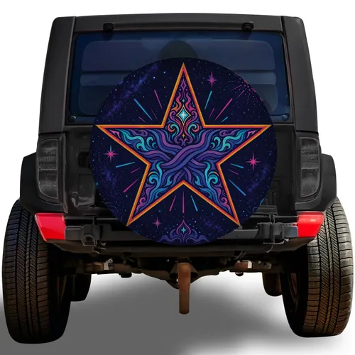 Neon Celestial Star Emblem for Retro Road Trip Style and Psychedelic Car Enthusiasts Spare Tire Cover