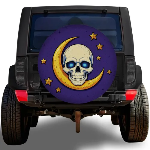 Moonlit Skull With Blue Eyes And Crescent Moon For Gothic Halloween Road Adventures Spare Tire Cover