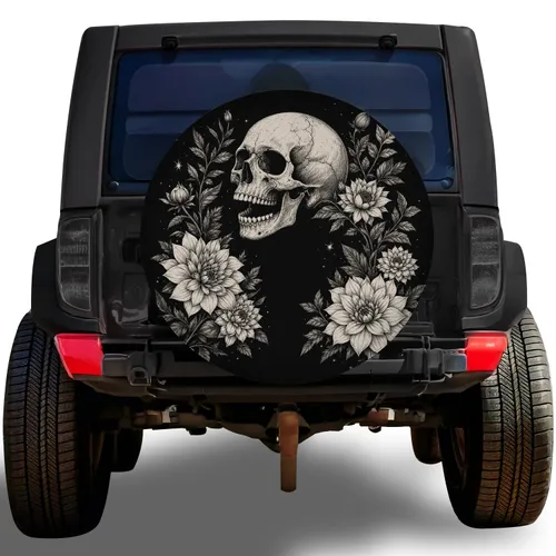 Gothic Skull And Dahlia Flowers For Dark Romantic Off Road Jeep SUV Adventure Style Spare Tire Cover