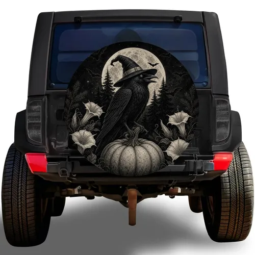 Witch Hat Raven And Pumpkin Moon Halloween Gothic Road Trip Decor For Spooky Drivers Spare Tire Cover