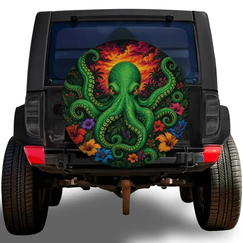 Fluorescent Green Octopus With Tropical Flowers For Coastal Road Trip Adventurers Spare Tire Cover