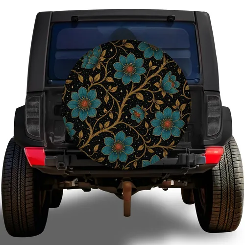 Turquoise Floral Gilded Vines For Nighttime Road Trips And Botanical Style Lovers Spare Tire Cover