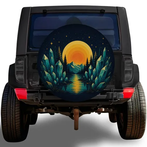 Mystical Crystal Lake Sunset And Starry Sky For Camping And Overland Travel Lovers Spare Tire Cover