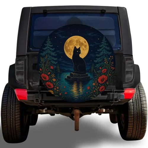 Black Cat Moonlit Lake With Wildflowers for Night Camping and Outdoor Nature Lovers Spare Tire Cover