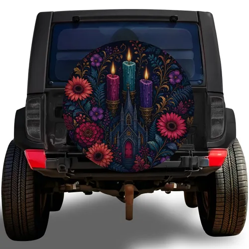 Gothic Chapel Floral Candles For Halloween Road Trips And Autumn SUV Adventure Style Spare Tire Cover