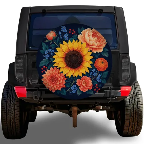 Sunflower And Coral Floral Bouquet For Garden Lovers And Nature-Inspired Road Trips Spare Tire Cover