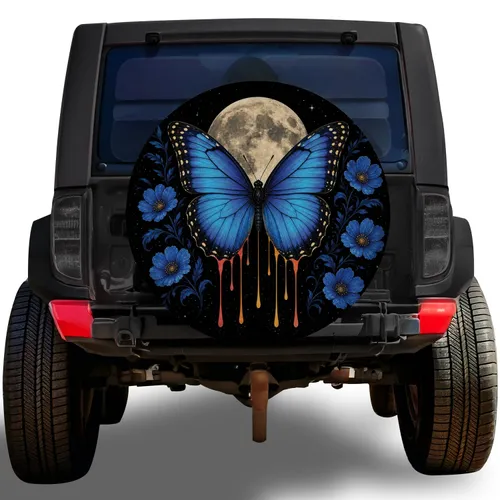 Blue Butterfly Moon And Wildflowers For Nighttime Road Trips And Nature Lovers Alike Spare Tire Cover