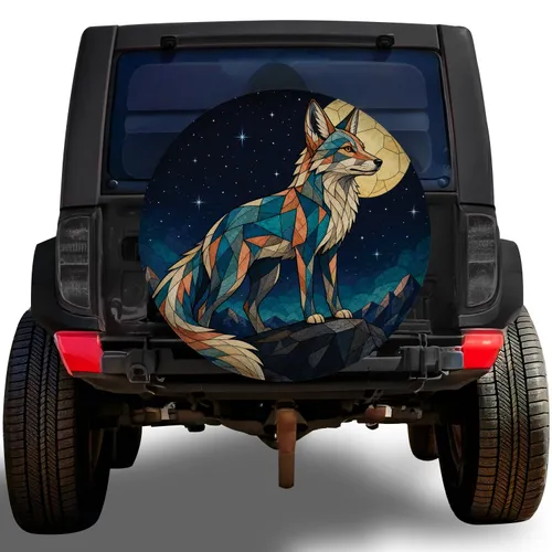 Stained Glass Fox Under Moon For Night Camping, Hiking And Outdoor Adventure Lovers Spare Tire Cover