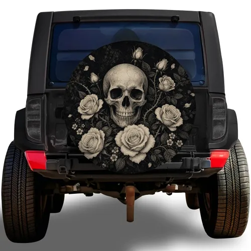 Gothic Skull And Ivory Roses For Dark Alternative Car Style And Halloween Lovers Spare Tire Cover