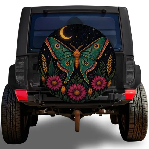Colorful Luna Moth Moon And Wildflowers For Boho Outdoor Camping Adventure Lovers Spare Tire Cover