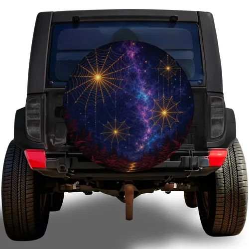 Golden Spiderweb Galaxy Night Sky For Gothic Camping And Fantasy Adventure Lovers Spare Tire Cover