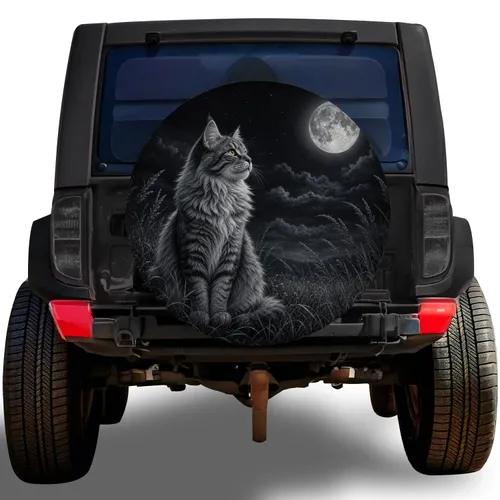 Moonlit Gray Tabby Cat Full Moon Meadow For Stargazing Cat Lovers And Road Trips Spare Tire Cover
