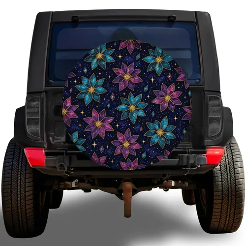 Celestial Stained Glass Floral Stars for Night Road Trips and Boho Adventure Lovers Spare Tire Cover