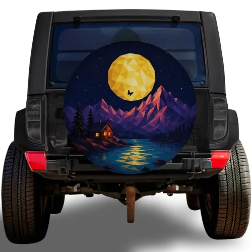 Geometric Moon Mountain Lake Night Scene For Camping Adventures And Outdoor Vehicle Style Spare Tire Cover
