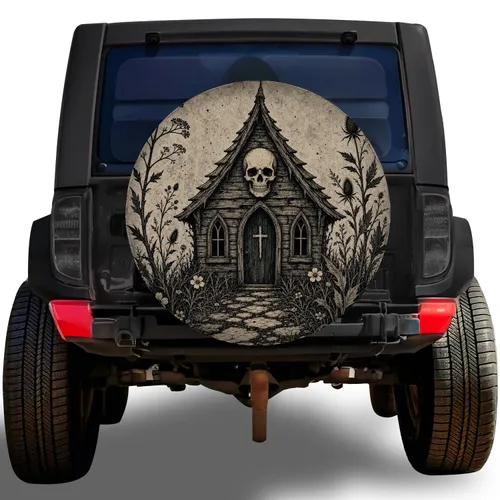 Haunted Skull Cabin Gothic Adventure Decor For Halloween Campers And Off Road Fans Spare Tire Cover