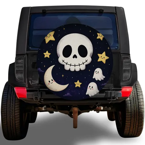 Cute Skull Moon And Ghosts For Halloween Road Trips And Spooky Goth Vehicle Decor Spare Tire Cover