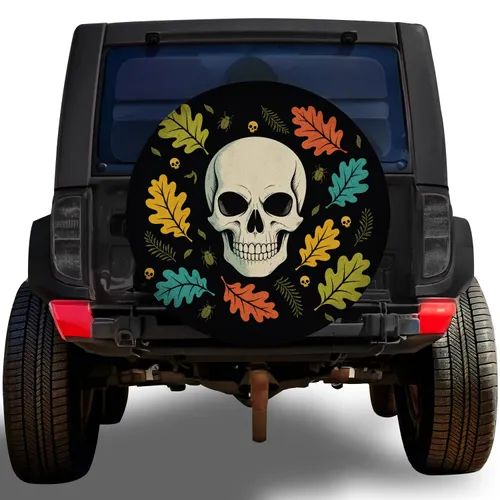 Whimsical Skull And Colorful Oak Leaves For Halloween Camping Outdoor Jeep SUV Lovers Spare Tire Cover