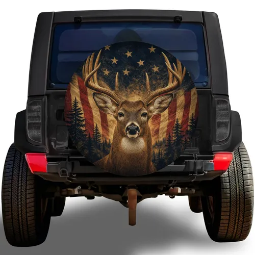 Whitetail Buck American Flag Patriotic Wilderness Adventure Gift for Deer Hunters Spare Tire Cover