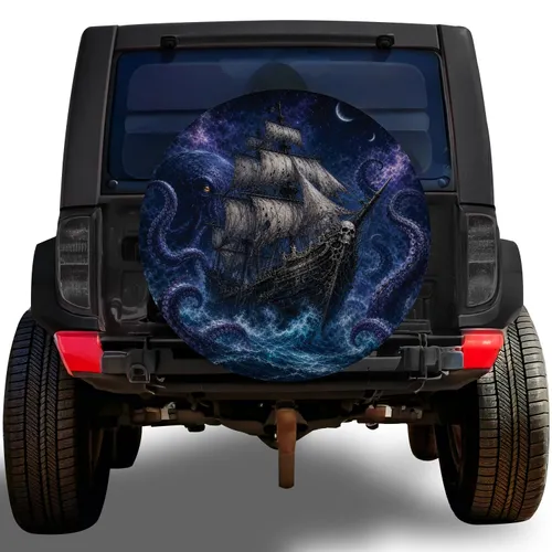 Kraken Ghost Ship Cosmic Ocean Scene For Gothic Nautical Road Trip Adventure Fans Spare Tire Cover