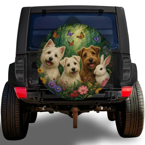 Woodland Terrier Rabbit Butterfly Garden Scene for RV Camping Travel and Nature Lovers Spare Tire Cover