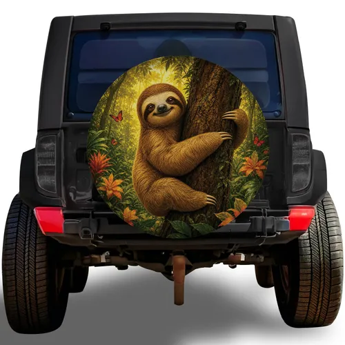 Smiling Sloth Rainforest Flowers For Nature Loving RV Camping And Trail Adventures Spare Tire Cover