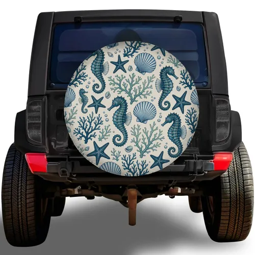 Coastal Seahorse Shells And Starfish For Beach RV Trailer Camping Road Adventures Spare Tire Cover