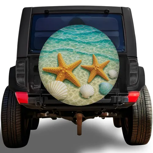Tropical Starfish And Seashell Beach Scene For Coastal RV Trailer Travel Adventures Spare Tire Cover