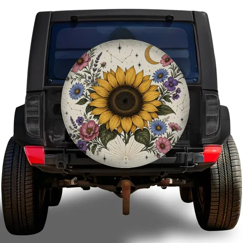 Vintage Sunflower Wildflowers And Moon Celestial Road Trip Style For RV Campers Gift Spare Tire Cover