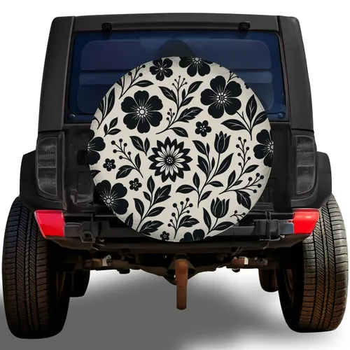 Black And Ivory Wildflower Botanical For RV Camping, Trailer Travel And Outdoor Adventure Spare Tire Cover