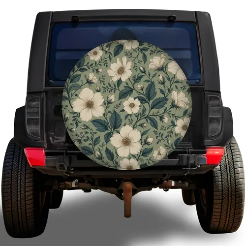 Vintage Ivory Wildflowers And Deep Teal Foliage For RV Camping And Road Trip Style Spare Tire Cover