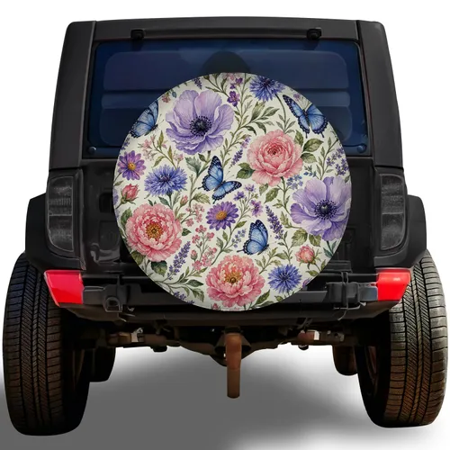 Watercolor Floral Blue Butterfly Garden For Boho Camping RV Travel Outdoor Lovers Spare Tire Cover