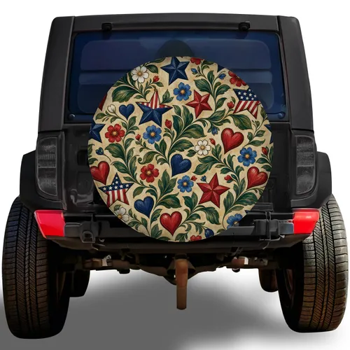 Rustic Americana Stars Hearts And Wildflowers For Patriotic RV Camping Adventures Spare Tire Cover