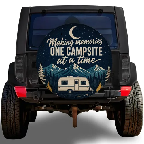 Vintage Camping Moon Mountain Trailer Scene for RV Campers and Outdoor Adventure Spare Tire Cover
