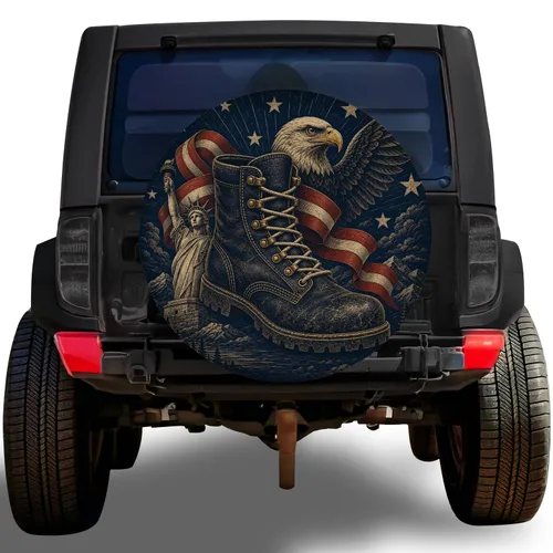 Patriotic Hiking Boot Bald Eagle American Flag Art for Jeep RV Outdoor Travel Adventure Spare Tire Cover