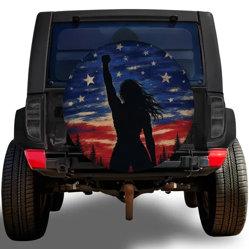 Patriotic Raised Fist Woman Flag Scene for RV Camping and Outdoor Travel Adventures Spare Tire Cover