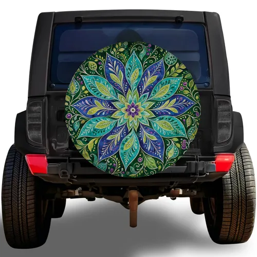 Emerald Botanical Mandala Floral Watercolor For Boho Camping Jeeps And RV Travel Spare Tire Cover