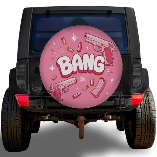 Retro Pop Art Bang Pistol And Bullet Motif for Jeep SUV RV Truck Road Trip Style Spare Tire Cover