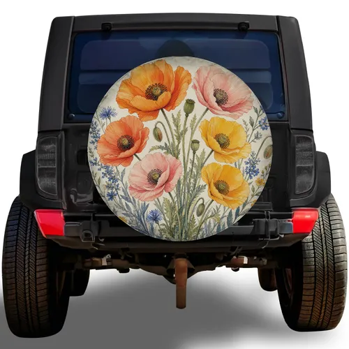Watercolor Poppy Wildflower Meadow Floral Garden Style For RV Camping Lovers Road Trips Spare Tire Cover